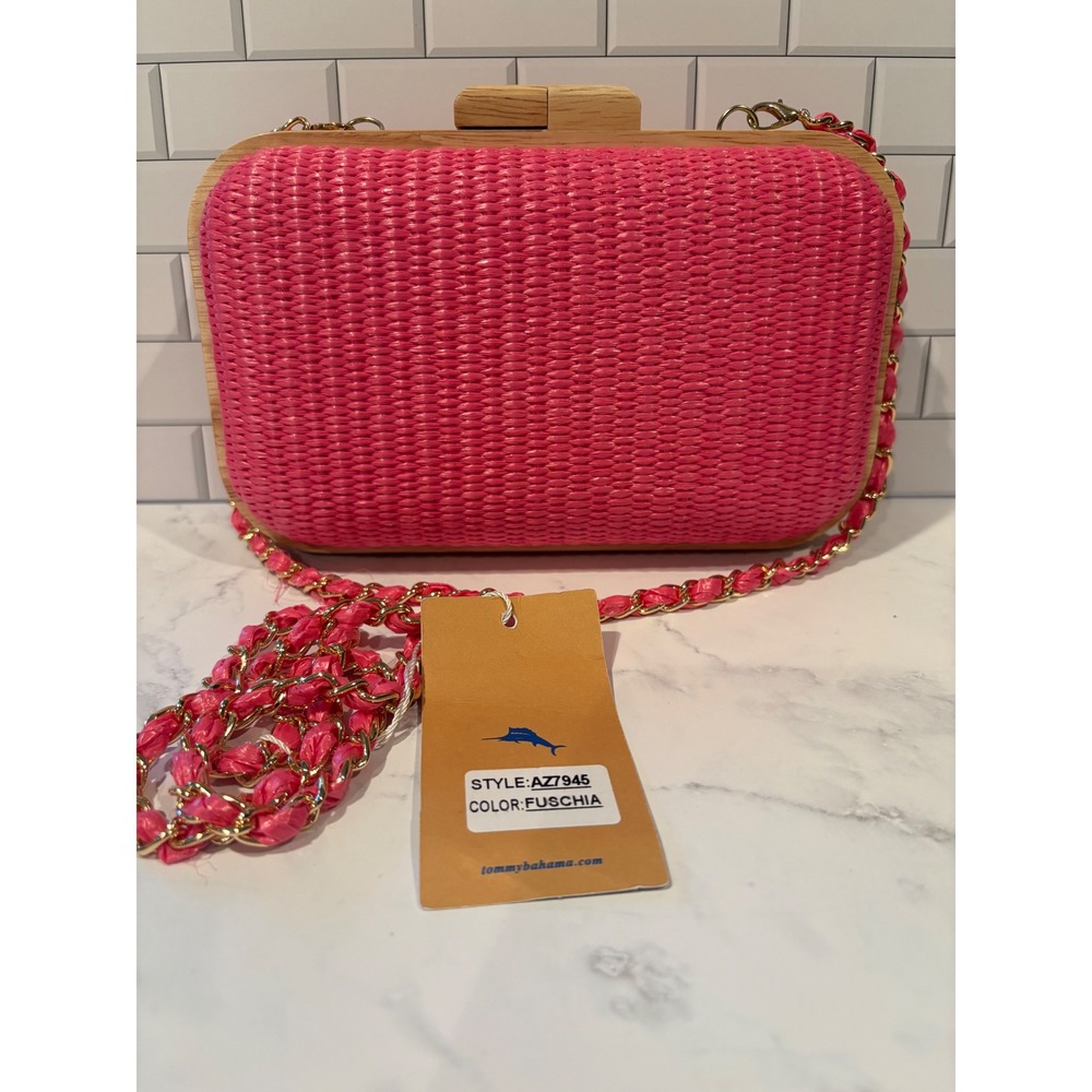 Tommy Bahama Pink Woven Straw Wood Frame Clutch Crossbody Bag AZ7945 New